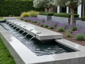 Modern Mediterranean Courtyard Fountain - Close-up of a contemporary stone water feature with multiple angular spouts, surrounded by structured lavender beds and modern metal planters with olive trees