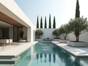 Modern Mediterranean Courtyard with Geometric Pool - A sleek modern Mediterranean courtyard featuring a rectangular infinity pool with clean lines, white rendered walls, and structured olive trees in minimalist concrete planters. Contemporary outdoor furniture in neutral tones against a backdrop of architectural cypress trees