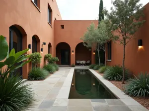 Modern Mediterranean Courtyard - Contemporary interpretation of a small Mediterranean courtyard with minimalist water channel, geometric planted beds with architectural plants, and sleek rendered walls in warm earth tones