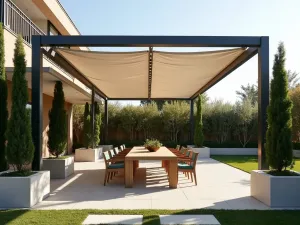 Modern Mediterranean Dining Terrace - Contemporary outdoor dining area under a minimal steel pergola with retractable shade cloth. Surrounded by tall architectural planters with pencil cypresses and citrus trees