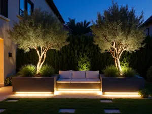 Modern Mediterranean Evening Garden - Night scene of a modern Mediterranean garden with strategic uplighting on olive trees and contemporary steel planters. LED strip lighting under floating bench seating