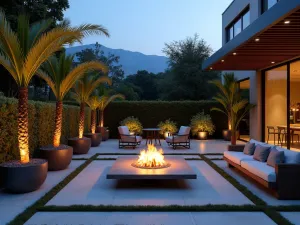 Modern Mediterranean Fire Pit Area - Evening shot of a contemporary sunken seating area with modern fire pit, surrounded by illuminated steel planters containing sculptural palms and cycads