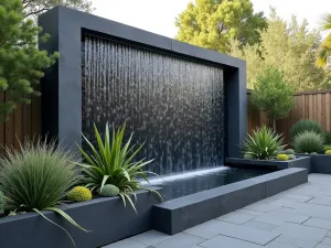 Modern Mediterranean Water Feature - Dramatic modern water wall with horizontal water blades creating sheets of water against dark basalt stone. Surrounded by architectural succulents and grasses in modern containers