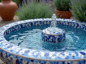 Mosaic Fountain Corner - Close-up of an intricate blue and white mosaic fountain with water trickling, surrounded by lavender and rosemary bushes, with terracotta pots in the background