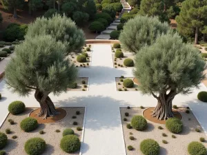 Olive Grove Gravel Terrace - Aerial view of a terraced gravel garden with ancient olive trees, surrounded by geometric patterns of white gravel and small Mediterranean herbs