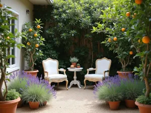 Provence Style Corner - Intimate corner featuring vintage French garden furniture, surrounded by lavender beds and terracotta pots filled with citrus trees