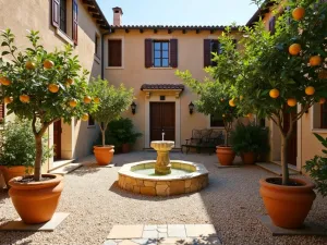 Rustic Gravel Courtyard - Wide-angle view of a rustic Mediterranean courtyard with pea gravel flooring, terracotta pots filled with citrus trees, and a central stone fountain