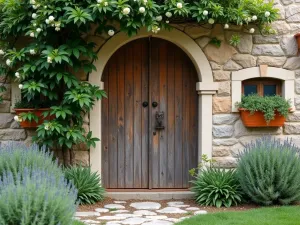 Rustic Mediterranean Entrance - Close-up of a small garden entrance with weathered wooden gate, stone archway covered in jasmine, and terracotta wall planters filled with trailing rosemary and thyme