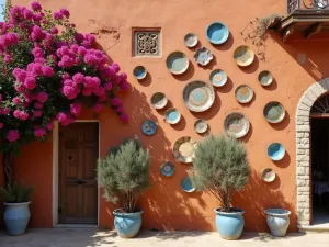 Rustic Terracotta Garden Wall - A weathered terracotta wall adorned with mounted ceramic plates and Mediterranean blue pottery, with cascading bougainvillea and potted olive trees, captured in warm evening light