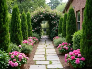 Secret Mediterranean Path - Narrow garden path with old stone pavers, lined with compact Italian cypress and potted geraniums, leading to a small iron gate covered in climbing jasmine