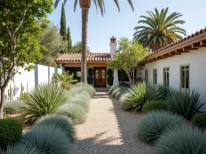 Spanish Coastal Garden - Coastal Spanish garden with drought-resistant plants, featuring silver-leaved plants, ornamental grasses, and palm trees, with a gravel path and whitewashed walls