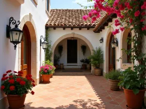 Spanish Colonial Patio - Wide-angle view of a Spanish-style patio with terracotta tiles, whitewashed walls, wrought iron details, and clusters of potted geraniums and bougainvillea