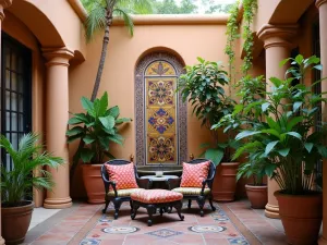 Spanish Courtyard Corner - Intimate corner of a Spanish courtyard featuring a decorative wall fountain, handmade tiles, potted palms, and wrought iron furniture with colorful cushions