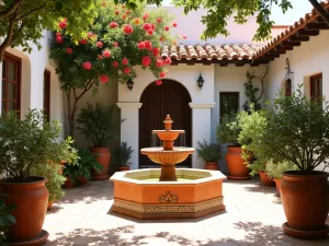 Spanish Courtyard Garden with Fountain - A sun-drenched Spanish courtyard garden with a decorative terracotta fountain as centerpiece, surrounded by terracotta pots filled with bougainvillea and citrus trees, with traditional Moorish tile accents and whitewashed walls