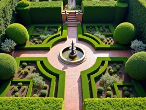 Spanish Formal Garden - Aerial view of a formal Spanish garden with intricate boxwood parterre, citrus tree allée, central fountain, and symmetrical beds filled with Mediterranean herbs