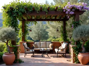 Spanish Garden Pergola - Rustic wooden pergola covered in climbing jasmine and wisteria, creating a shaded seating area with wrought iron furniture, Spanish terra cotta tiles, and ornamental olive trees in large pottery