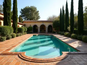 Spanish Garden Pool - Large Spanish-style garden pool surrounded by terracotta pavers, cypress trees, and Mediterranean plants, with traditional ceramic tile details and stone columns