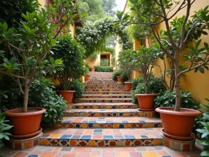 Spanish Garden Steps - Wide-angle view of traditional Spanish garden steps with colorful ceramic tile risers, potted citrus trees, and trailing jasmine, leading to a terraced garden area