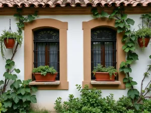 Spanish Garden Wall Detail - Detailed view of a traditional Spanish garden wall with climbing fig vines, ornate iron window grilles, terracotta wall caps, and hanging pottery filled with trailing plants