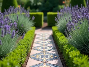 Spanish Herb Garden Close-up - Close-up view of a traditional Spanish herb garden with lavender, rosemary, and sage planted in geometric patterns, bordered by small boxwood hedges, with decorative ceramic tiles as path markers