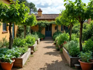 Spanish Kitchen Garden - Traditional Spanish kitchen garden with raised beds containing vegetables and herbs, surrounded by espaliered fruit trees, with terracotta containers and decorative well