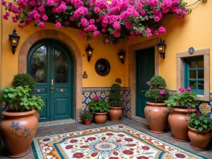 Spanish Patio Garden Close-up - Intimate close-up of a Spanish patio corner featuring hand-painted tiles, copper lanterns, and cascading bougainvillea, with traditional ceramic pots filled with geraniums