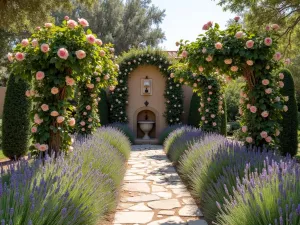 Spanish Rose Garden - Traditional Spanish rose garden with climbing roses on arched trellises, surrounded by lavender borders and citrus trees, with a rustic stone pathway and decorative wall fountain