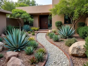 Spanish Succulent Garden - Modern Spanish garden featuring a dramatic arrangement of succulents and agaves in varying sizes, with decorative gravel, boulder accents, and contemporary cor-ten steel edging