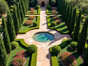 Spanish Villa Garden Aerial - Aerial view of a Spanish villa garden featuring symmetrical paths, a central water feature, cypress trees lining the walkways, and colorful Mediterranean plants in formal arrangements