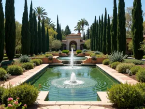 Spanish Water Garden - Wide-angle view of a Spanish-style water garden with multiple tiered fountains, reflecting pools, and water channels, surrounded by cypress trees and flowering Mediterranean plants