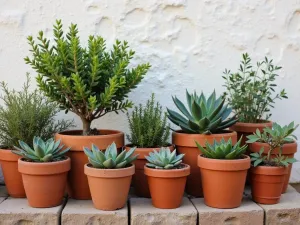 Terracotta Garden Display - Close-up of an artfully arranged collection of terracotta pots in varying sizes, filled with Mediterranean succulents, herbs, and a small pomegranate tree against a whitewashed wall