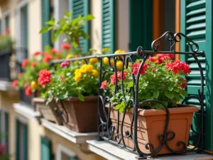 Tuscan Balcony Garden - Close-up of a small balcony garden with wrought iron railings adorned with trailing geraniums in terracotta planters, small lemon tree, and Mediterranean herbs in rustic wooden crates