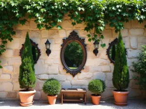 Tuscan Garden Wall - Aerial view of an old stone wall with climbing fig vines, featuring antique mirrors, wrought iron sconces, and terracotta planters filled with cypress trees