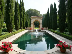 Tuscan Water Garden - Stone-edged reflecting pool surrounded by Italian cypress trees and potted oleanders, with a classical fountain and weathered stone balustrade