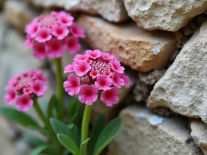 Red Valerian Wall - Close-up of pink and red valerian flowers growing from cracks in an ancient Mediterranean stone wall