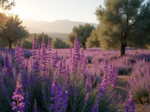 Verbena Bonariensis Grove - Aerial view of tall purple verbena flowers swaying in the breeze among olive trees, late afternoon light