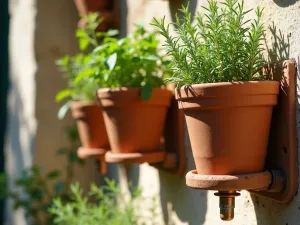 Vertical Mediterranean Herb Wall - Close-up of a vertical herb garden on a sun-drenched wall, featuring mounted terracotta pots with rosemary, thyme, oregano, and sage. Weathered copper irrigation system visible