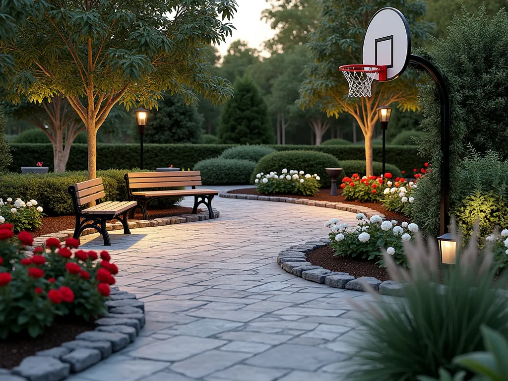 Basketball Memorial Garden Court - A beautifully landscaped memorial garden at dusk, featuring a winding pathway designed with basketball court lines in light-colored pavers against darker stone. Two classic wooden team benches sit beneath flowering trees. The garden is bordered by alternating red and white roses, representing team colors. A decorative metal basketball hoop art installation serves as a focal point, with climbing jasmine gracefully winding up its post. Soft landscape lighting illuminates the path and highlights a small water feature designed to look like a basketball. The scene is captured in a wide-angle perspective, showing the entire court-inspired garden layout with the warm glow of the setting sun creating long shadows across the paved surface. Natural stone planters filled with ornamental grasses provide height variation and movement in the garden. Photorealistic, high detail, peaceful atmosphere.