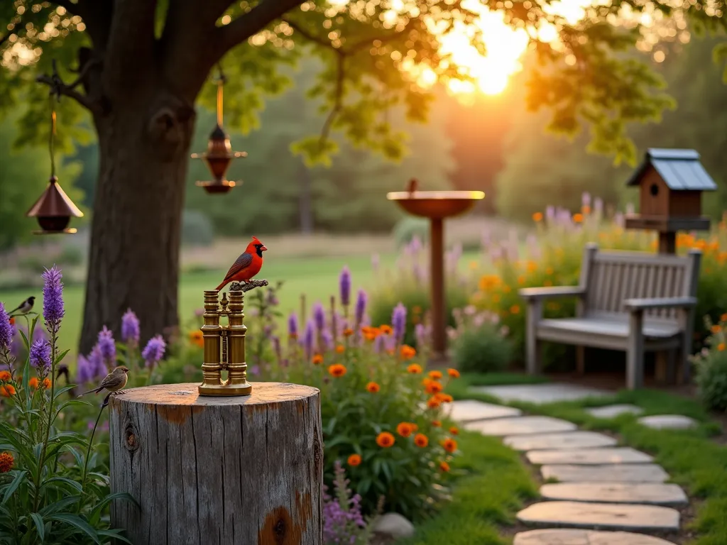 Tranquil Bird Sanctuary Memorial Garden - A serene golden hour photograph of a thoughtfully designed bird sanctuary garden. In the foreground, vintage brass binoculars rest artistically on a weathered wooden pedestal, catching the warm evening light. The garden features multiple levels of native flowering plants including purple coneflowers, black-eyed susans, and cardinal flowers creating a naturalistic meadow effect. Several decorative bird feeders hang from a mature oak tree's branches, while a copper bird bath reflects the setting sun. Small birds are perched throughout the scene, with a cardinal prominent on a rustic wooden birdhouse. Stone pathways wind through the garden, leading to a cozy wooden bench perfectly positioned for bird watching. Soft bokeh effect in background with shallow depth of field highlighting the memorial aspect.