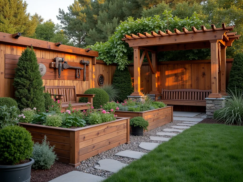 Rustic Memorial Carpenter's Garden at Dusk - A serene garden at dusk featuring handcrafted raised wooden beds made from weathered cedar and reclaimed oak, arranged in a craftsman-style pattern. Vintage woodworking tools tastefully displayed on a rustic wooden wall feature. A handmade wooden pergola with climbing roses frames the scene, while a beautifully carved wooden bench sits centrally. Old carpentry tools transformed into artistic garden stakes catch the warm evening light. Shot with shallow depth of field focusing on the intricate wood grain details and golden hour lighting casting long shadows across the garden beds. Ornamental grasses and flowering perennials soften the wooden structures.