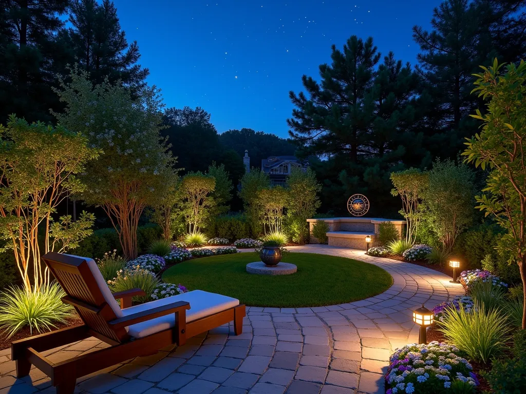 Celestial Memorial Garden at Night - A serene nighttime garden scene captured with a wide-angle lens, showing a thoughtfully designed stargazing memorial space. In the foreground, a comfortable wooden lounger sits on a circular patio, angled towards the star-filled sky. Solar-powered LED lights are artistically arranged in constellation patterns along curved garden paths, mimicking Ursa Major and Orion. Evening-blooming white Moon Flowers and Night-Blooming Jasmine cascade over copper astronomical-themed trellises. Silver garden orbs and metallic wind chimes catch the moonlight, while white Evening Primrose and purple Night Sky Petunias create ethereal garden borders. A bronze sundial serves as a centerpiece, surrounded by softly glowing landscaping lights. The scene is photographed during the blue hour, with the first stars becoming visible in the deepening twilight sky, shot at f/2.8 to capture the ambient lighting's magical atmosphere.