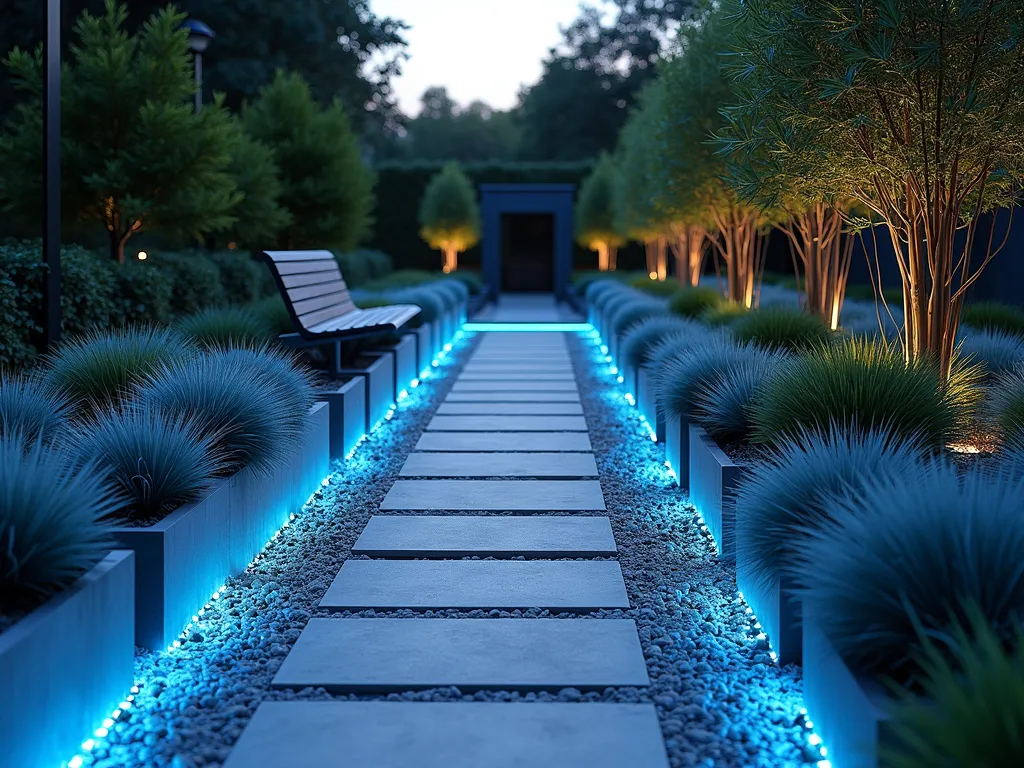 Circuit Board Memorial Garden Path - A modern garden path shot at dusk with LED lighting, photographed from a raised perspective using a DSLR camera with wide-angle lens. The path design mimics a circuit board pattern with geometric concrete sections interconnected by glowing blue LED strips embedded in the ground. Sleek metallic planters arranged in binary patterns contain silver-blue ornamental grasses and dark bamboo. Repurposed vintage computer motherboards and processors, artistically mounted on weathered steel posts, serve as sculptural elements. The garden features a central meditation area with a minimalist steel bench surrounded by geometric beds of blue fescue grass and black mondo grass. Soft ambient lighting illuminates the tech-inspired layout, creating a serene yet contemporary memorial space. At f/8, the image captures the intricate details of both the circuit-inspired hardscaping and the architectural plants, while the dusky lighting highlights the LED elements.