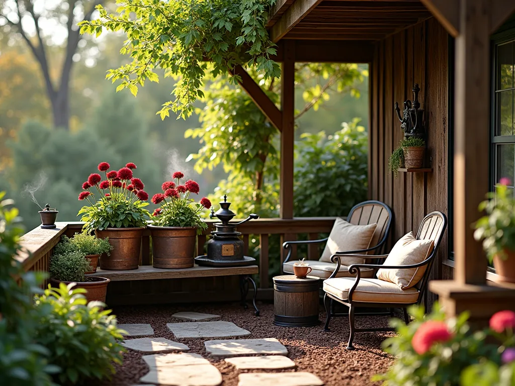 Dad's Coffee Garden Sanctuary - A cozy garden nook at dawn featuring a rustic wooden deck corner transformed into a coffee-themed memorial garden. A vintage copper espresso machine repurposed as a stunning planter centerpiece holds deep burgundy chocolate cosmos and coffee-colored dahlias. Surrounding it, antique coffee grinders cradle cascading dark brown coleus and vanilla-scented heliotrope. A weathered cafe bistro set with wrought iron details sits beneath a wooden pergola draped with climbing chocolate vine. Morning light filters through, casting warm shadows across weathered coffee bean bags transformed into plush seating cushions. Steam rises from a fresh cup of coffee placed on a small side table made from a repurposed coffee roaster drum. Dark chocolate-colored mulch and stepping stones made from coffee-stained concrete complete the peaceful sanctuary.