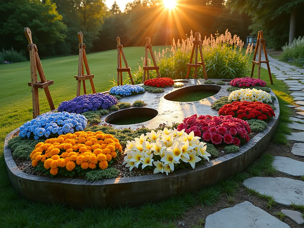 Dad's Artist Palette Memorial Garden - A beautiful garden at golden hour, featuring a curved flower bed meticulously designed in the shape of an artist's palette. The palette-shaped garden contains vibrant circular sections filled with colorful flowers - deep blue delphiniums, bright yellow marigolds, vivid red roses, and pure white lilies - arranged like paint dollops. Rustic wooden easels serve as elegant supports for climbing clematis vines, while weathered wooden paintbrushes, transformed into garden markers, stand among the blooms. Shot from a 45-degree elevated angle to showcase the artistic layout, with warm sunset light casting long shadows across the garden. The background features mature trees creating a natural frame, with a stone pathway winding alongside the palette garden. Photorealistic, 16-35mm lens, f/2.8, ISO 400, golden hour lighting.