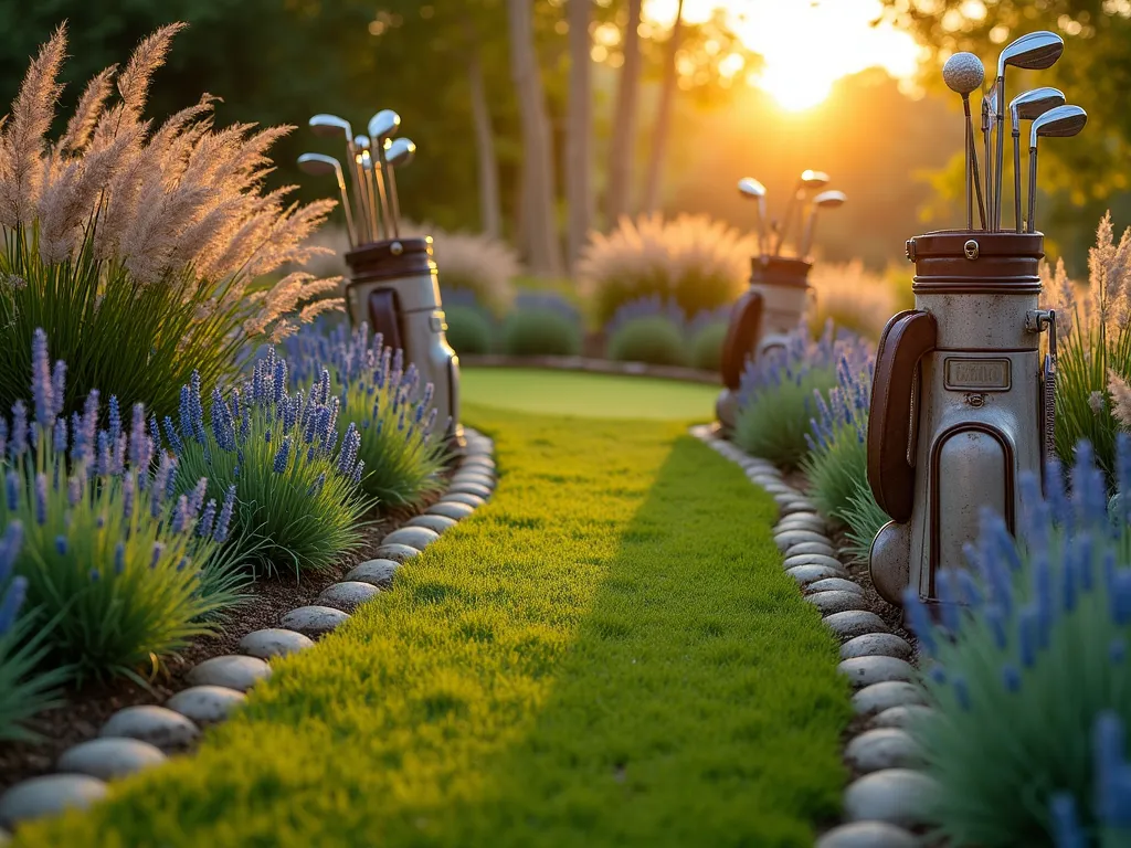 Dad's Golf Memorial Garden at Sunset - A serene memorial garden at golden hour, featuring vintage golf clubs artfully arranged as garden bed borders, their chrome surfaces gleaming in the warm sunset light. A winding pathway of lush bent grass leads to a small putting green area surrounded by ornamental grasses. Weathered golf bags repurposed as unique planters overflow with purple fountain grass and silver feather grass, creating movement in the gentle breeze. Old golf balls line garden beds filled with blue fescue grass, creating a fairway-inspired aesthetic. Shot with a wide-angle lens capturing the entire peaceful scene, with dramatic long shadows and golden sunlight filtering through the swaying grasses. Professional landscaping photography with shallow depth of field highlighting the textural contrast between the metallic golf elements and soft, flowing grasses.