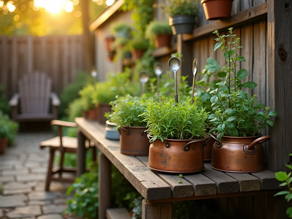 Dad's Memorial Herb Garden at Sunset - A cozy corner of a garden at golden hour, featuring a rustic wooden potting bench adorned with vintage copper pots and cast iron skillets repurposed as planters, overflowing with fresh herbs. Thyme and rosemary cascade over the edges of an old saucepan, while basil and sage flourish in weathered colanders. Antique silver spoons, transformed into plant markers, glisten in the warm evening light. A comfortable wooden chair sits nearby, positioned perfectly for enjoying the fragrant garden. Shot with shallow depth of field, focusing on the herb-filled cookware with soft bokeh effect on the natural stone pathway and wooden fence background. Warm sunset lighting casts long shadows across the weathered wooden surfaces, creating a nostalgic and peaceful atmosphere.