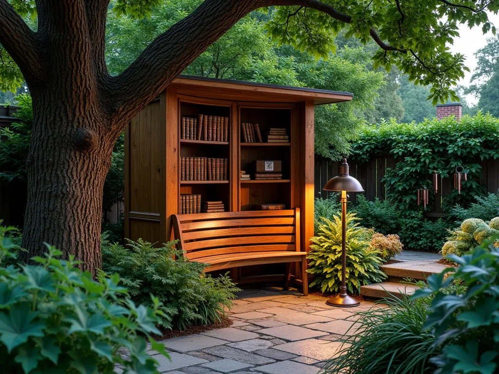 Dad's Reading Nook Memorial Garden at Dusk - A serene garden nook at dusk with a vintage teak curved bench nestled beneath a mature Japanese maple tree. A weathered wooden bookshelf with glass-fronted cases protects leather-bound books. Soft landscape lighting illuminates hostas, ferns, and astilbe creating gentle shadows. Stone pavers lead to the intimate space, while climbing hydrangea adorns a nearby trellis. A bronze reading lamp stands beside the bench, casting a warm glow. The scene is captured from a wide angle, showing the nook's integration into a larger garden landscape with dappled evening light filtering through the maple's leaves. Weathered copper wind chimes hang nearby, adding a subtle memorial touch.