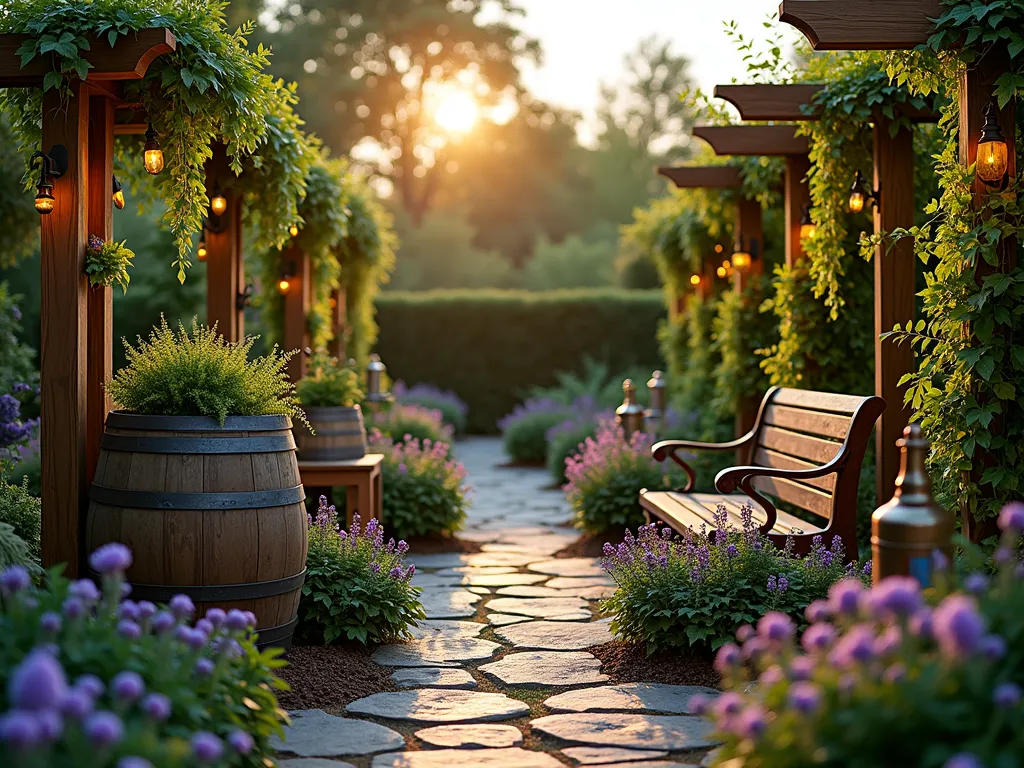 Dad's Rustic Hop Garden Memorial - A serene twilight garden scene featuring elegant wooden trellises adorned with climbing hop vines, their distinctive green cones softly illuminated by warm string lights. A weathered oak beer barrel repurposed as a planter centerpiece holds vibrant purple salvias. Vintage copper brewing kettles transformed into artistic water features create gentle cascades. Amber glass bottles edge flower beds as artistic borders, catching the golden hour light. A handcrafted wooden bench nestled among the hops provides a peaceful spot for reflection. The scene is captured in a wide-angle perspective showing the full garden layout, with the setting sun casting long shadows across a natural stone pathway.