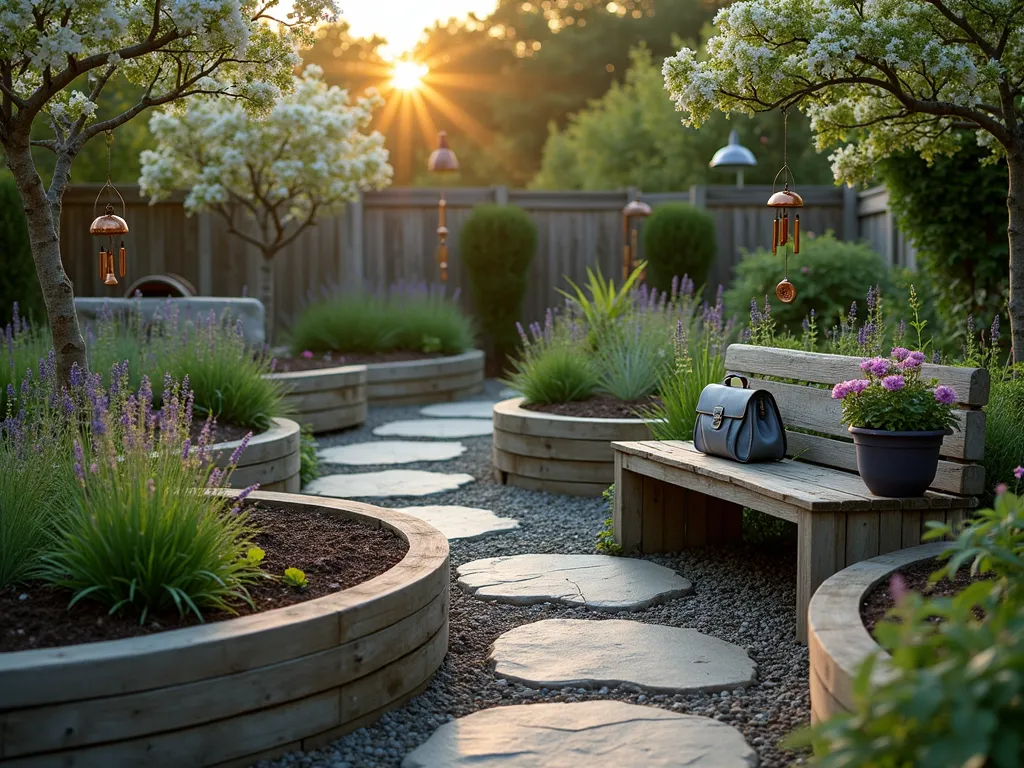 Serene Doctor's Memorial Healing Garden at Dusk - A tranquil healing garden at dusk, photographed with a DSLR wide-angle lens, featuring raised wooden herb beds in a circular pattern reminiscent of the medical symbol. Stone pathways wind between beds filled with medicinal herbs like lavender, sage, and echinacea in full bloom. A vintage doctor's bag repurposed as a planter sits on a weathered wooden bench. Copper wind chimes shaped like vintage medical instruments create gentle music. Soft pathway lighting illuminates the garden's peaceful atmosphere, while a small meditation area includes a carved stone water feature. The garden is framed by white flowering dogwood trees, with subtle medical-themed garden art integrated throughout. The golden hour lighting casts long shadows across the therapeutic space, highlighting the healing sanctuary's serene atmosphere.