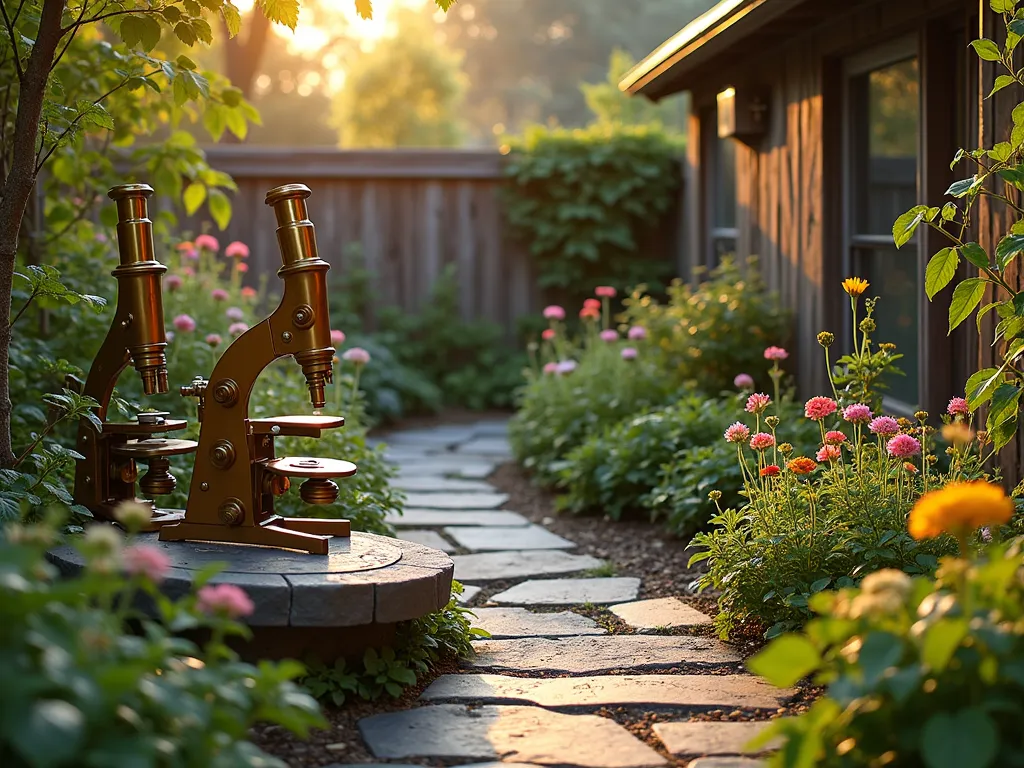 Educational Memorial Science Garden - A tranquil backyard memorial garden at golden hour, featuring vintage brass microscopes and laboratory beakers artfully arranged among flowering plants. A handcrafted wooden sundial serves as the centerpiece, surrounded by carefully labeled botanical specimens. Glass test tubes repurposed as hanging vase propagation stations catch the warm light. Educational plaques identify native species, while a copper rain gauge and weather station add scientific charm. Victorian-style botanical illustrations are etched onto stone markers. Climbing vines weave through an antique periodic table display, while Einstein's famous equations are subtly incorporated into the garden path's design. The space is photographed from a three-quarter elevated angle, capturing the educational and contemplative nature of this unique memorial garden.